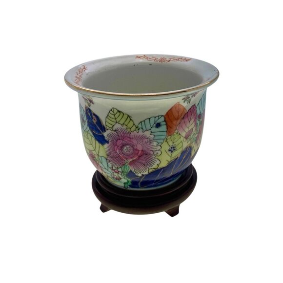 Planter Porcelain Asian Tobacco Leaf Design on Wood Base Vintage Oriental Decor - Picture 3 of 7